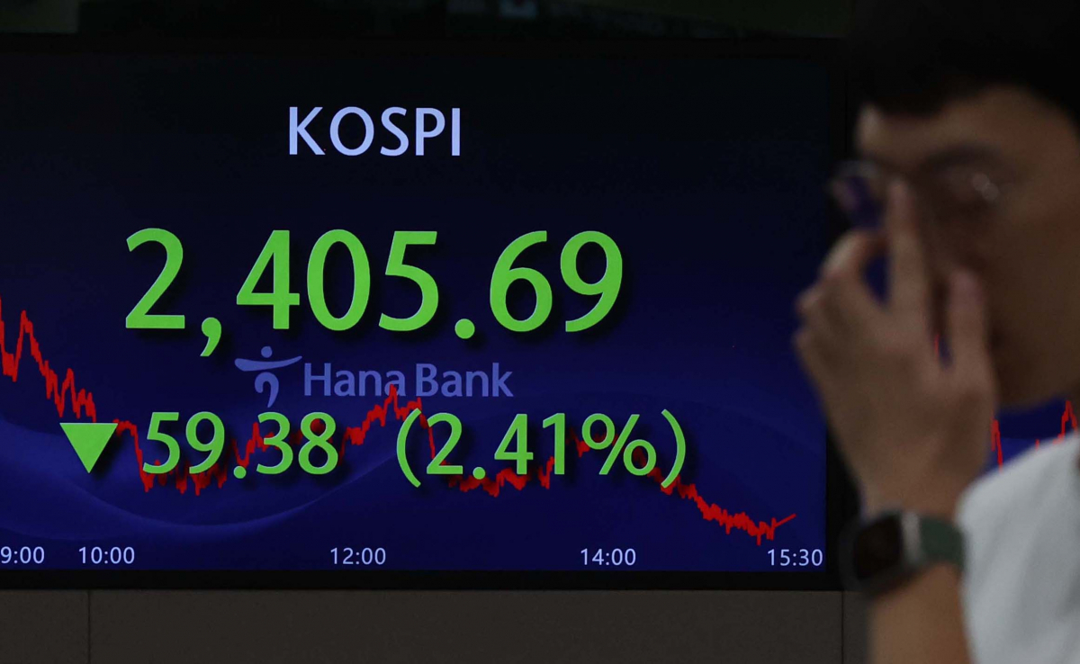 ▲미국 긴축 장기화 우려로 코스피가 급락하고 원달러 환율이 연고점을 경신한 4일 서울 중구 하나은행 딜링룸에서 관계자들이 업무를 보고 있다. 이날 코스피는 전 거래일보다 59.38포인트(2.41%) 내린 2405.69, 원달러 환율은 14.20원 오른 1363.50원, 코스닥은 33.62포인트(4.00%) 내린 807.40으로 거래를 마쳤다. 신태현 기자 holjjak@