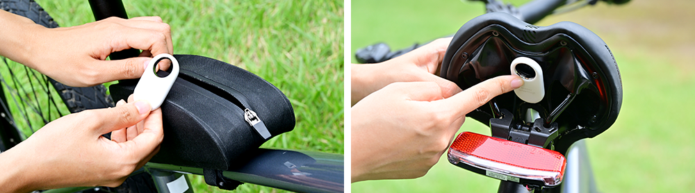▲갤럭시 스마트태그2를 자전거 파우치 속이나 안장 밑에 부착하는 모습. (사진제공=삼성전자 뉴스룸)