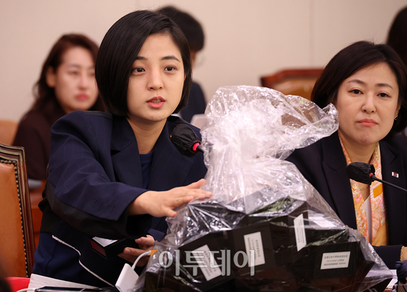 ▲류호정 정의당 의원이 10일 서울 여의도 국회에서 열린 문화체육관광위원회 국정감사에서 USB로 제출된 자료를 들어 보이며 자료제출 방식 변화의 필요성에 대해 말하고 있다. 고이란 기자 photoeran@