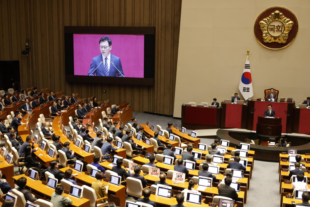 ▲박광온 더불어민주당 원내대표가 18일 서울 여의도 국회에서 열린 본회의에서 교섭단체 대표 연설을 하고 있다. 고이란 기자 photoeran@ (이투데이DB)