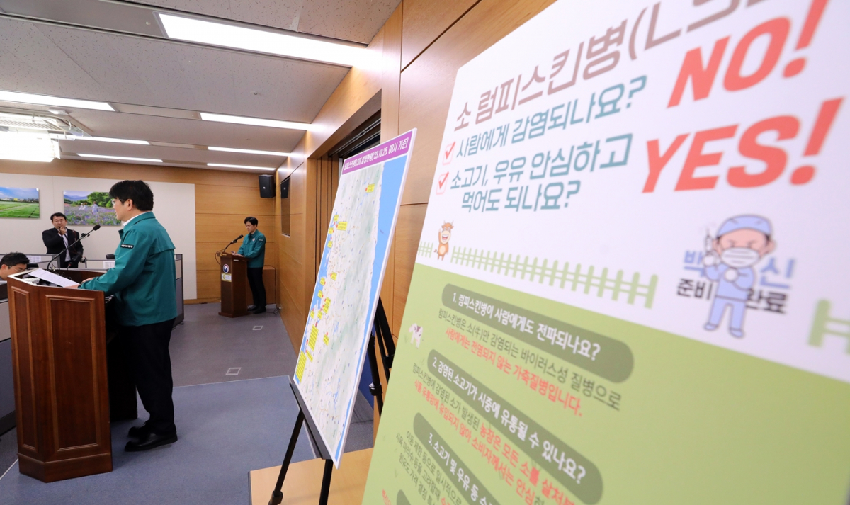 ▲권재한 농림축산식품부 농업혁신정책실장이 25일 세종시 정부세종청사에서 소 럼피스킨병 발병 현황과 방역조치 상황을 발표하고 있다. (뉴시스)