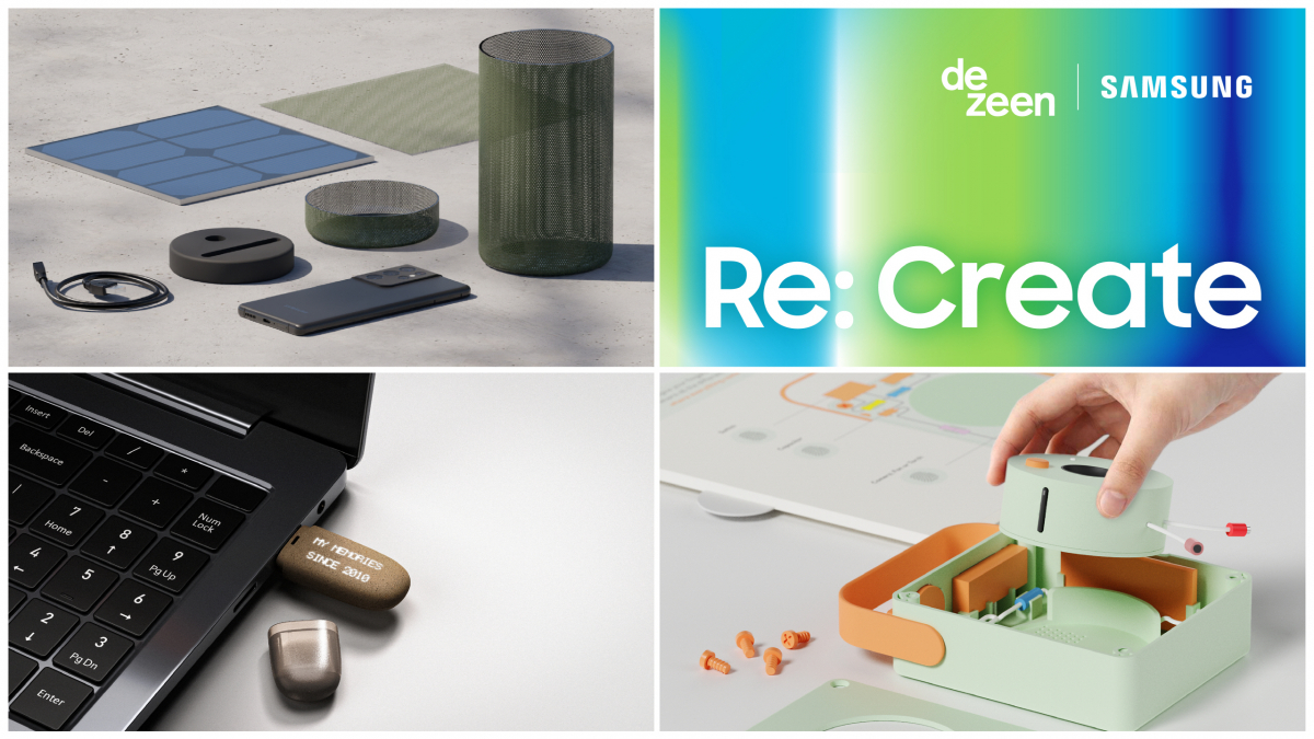 ▲삼성전자가 재활용·재사용을 주제로 한 글로벌 디자인 공모전 '리크리에이트 디자인 챌린지'의 우승작을 25일(현지시간) 발표했다. 오른쪽 위부터 시계 반대 방향으로 공모전 포스터, 우승작 '솔라 룩아웃', 결선작 '메모리 캡슐', 결선작 '로빈'. (사진제공=삼성전자)