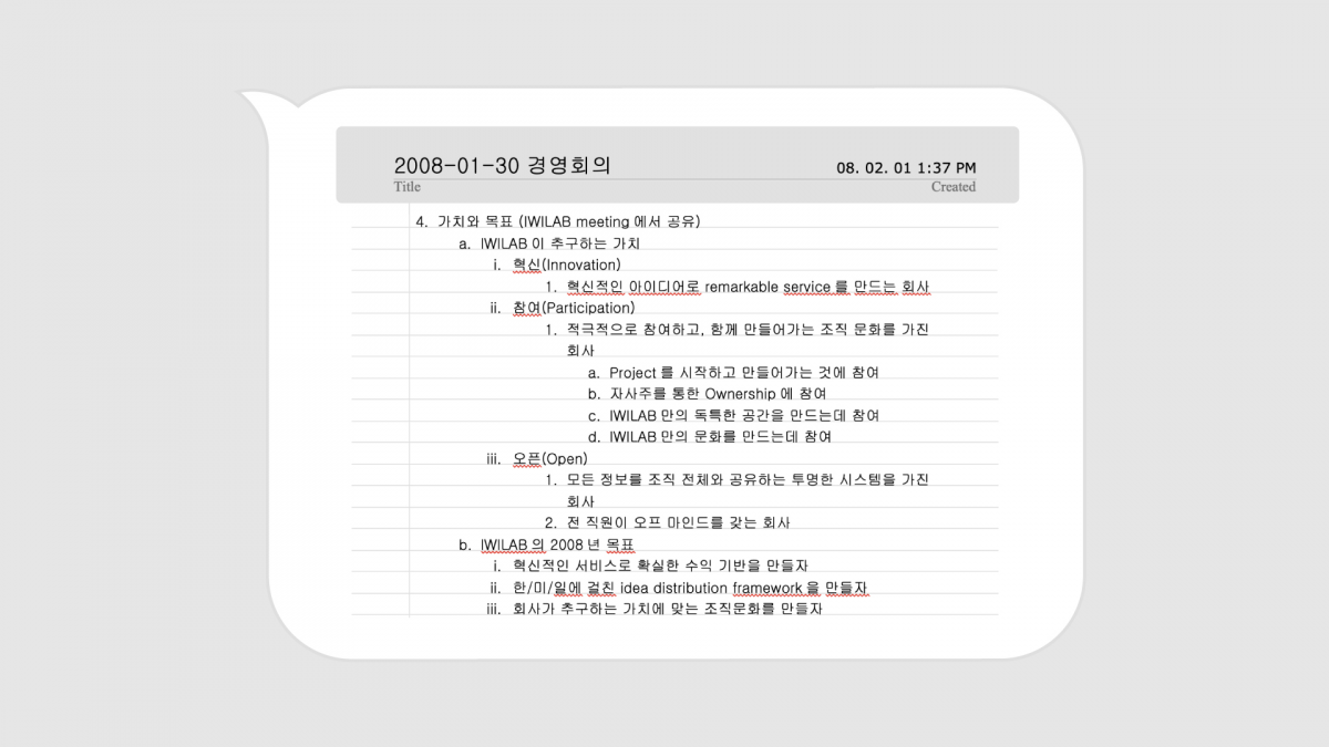 ▲카카오의 전신인 아이위랩의 경영회의 내용 (사진제공=카카오)