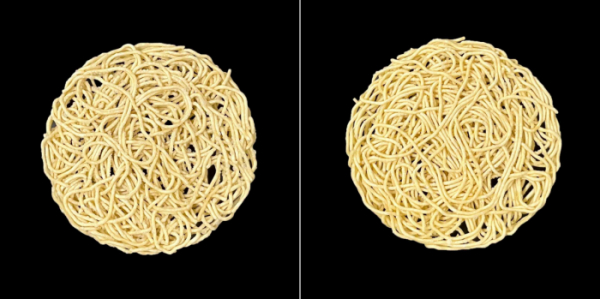 ▲밀가루 100%로 만든 라면(왼쪽)과 가루쌀 20%를 섞어 만든 라면. (사진제공=농촌진흥청)