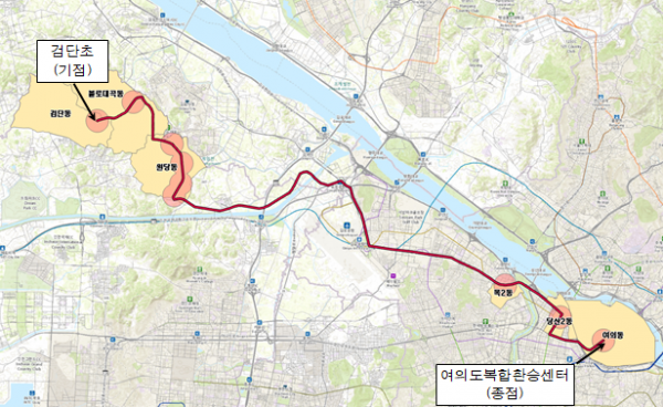 ▲인천 검단초~여의도복합환승센터 노선도. (국토교통부 대도시권광역교통위원회)