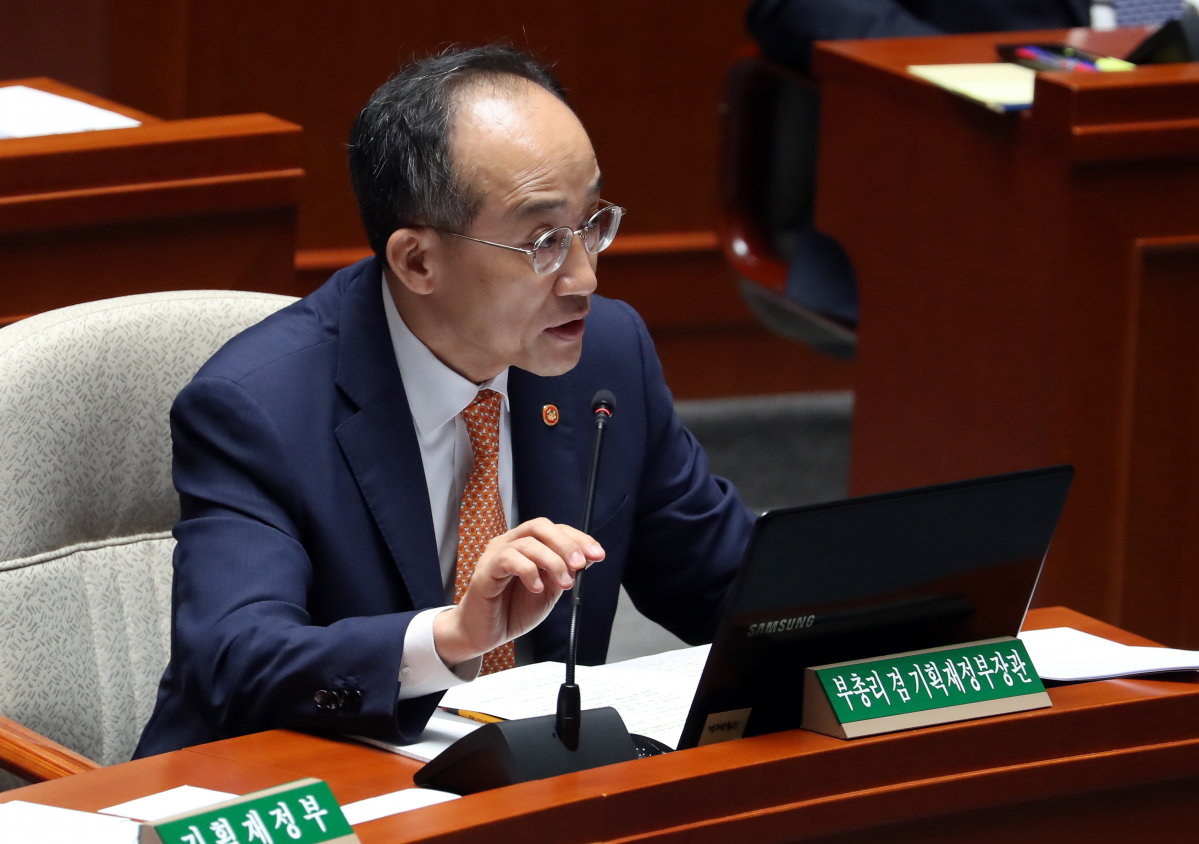 ▲추경호 경제부총리 겸 기획재정부 장관이 3일 오전 서울 여의도 국회에서 열린 예산결산특별위원회 전체회의에서 의원들의 질의에 답하고 있다. (뉴시스)