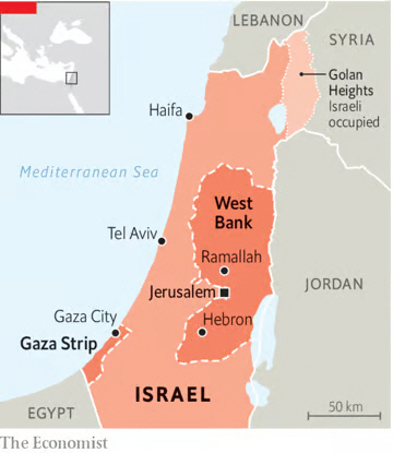 ▲이스라엘과 팔레스타인 지도. 출처 이코노미스트
