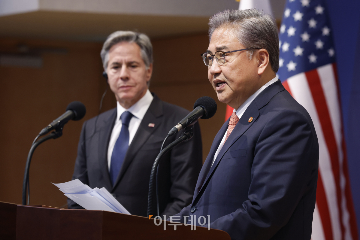 ▲박진 외교부 장관이 9일 서울 종로구 정부서울청사 별관에서 열린 한미 외교장관 공동기자회견에서 모두발언을 하고 있다. 조현호 기자 hyunho@