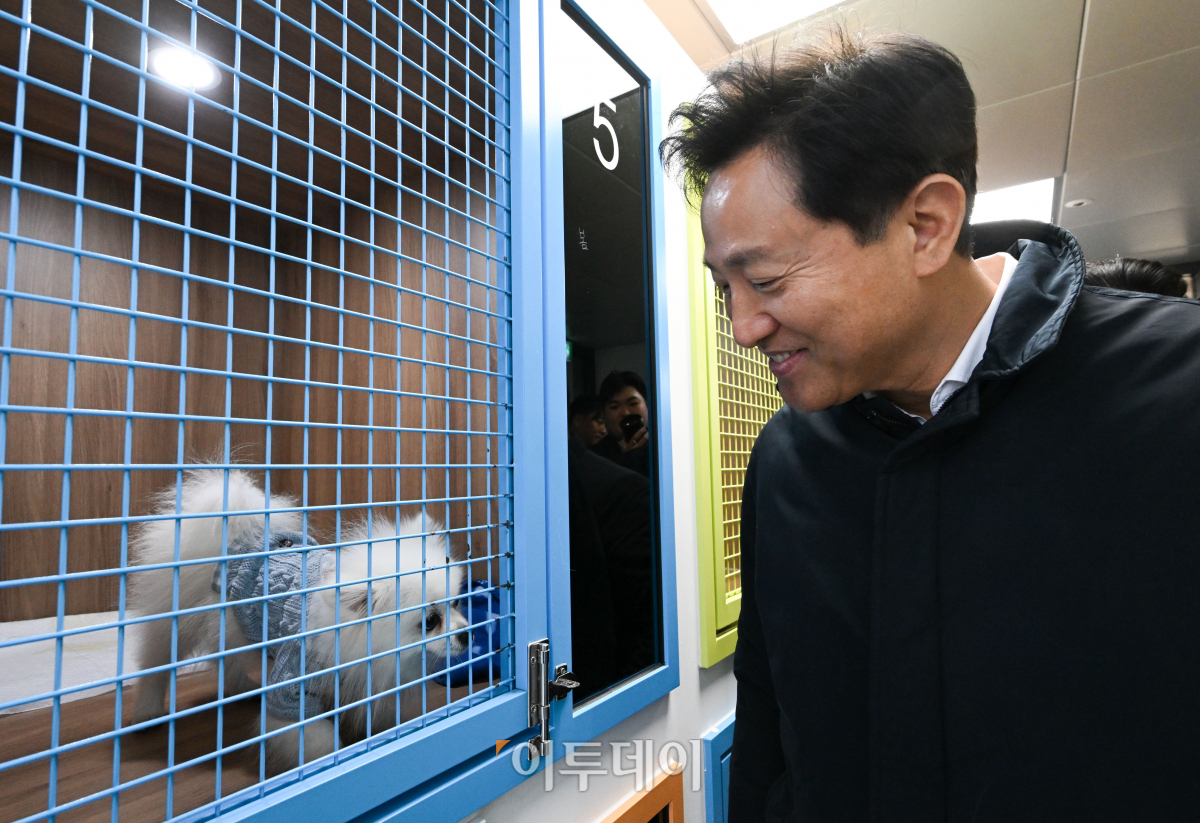 ▲오세훈 서울시장이 13일 개소한 서울 동대문구 서울동물복지지원센터 동대문에서 유기견 보호실을 둘러보고 있다. 조현호 기자 hyunho@