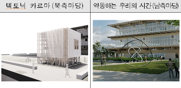 ▲(왼쪽부터) 조남호 작의 ‘텍토닉 카르마(Tectonic Karma)’와 덴마크 올라퍼 엘리아슨 작가 ‘역동하는 우리의 시간(Human time is movement)’. (자료제공=국토교통부)