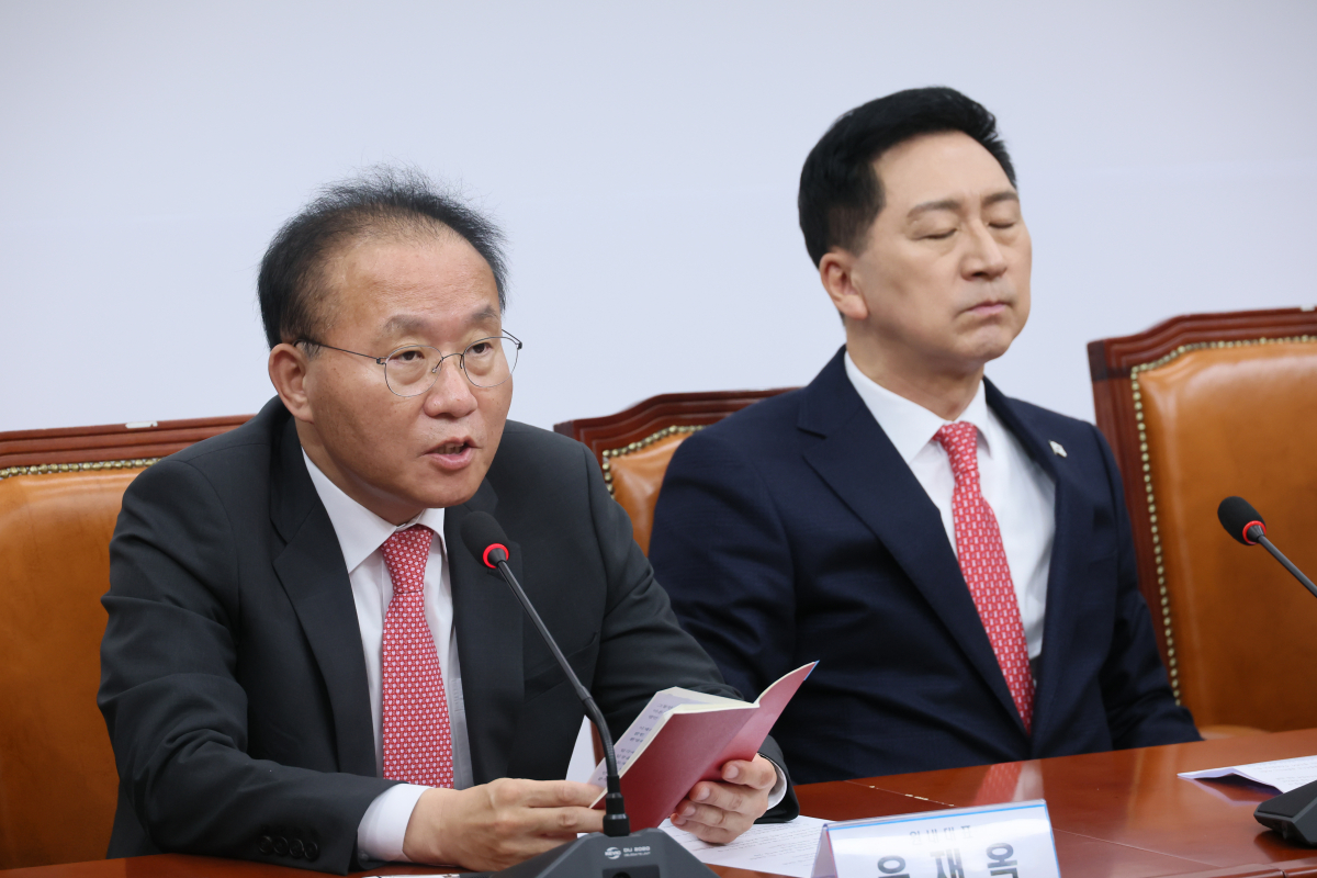 ▲국민의힘 윤재옥 원내대표가 16일 국회에서 열린 최고위원회의에서 발언하고 있다. (뉴시스)