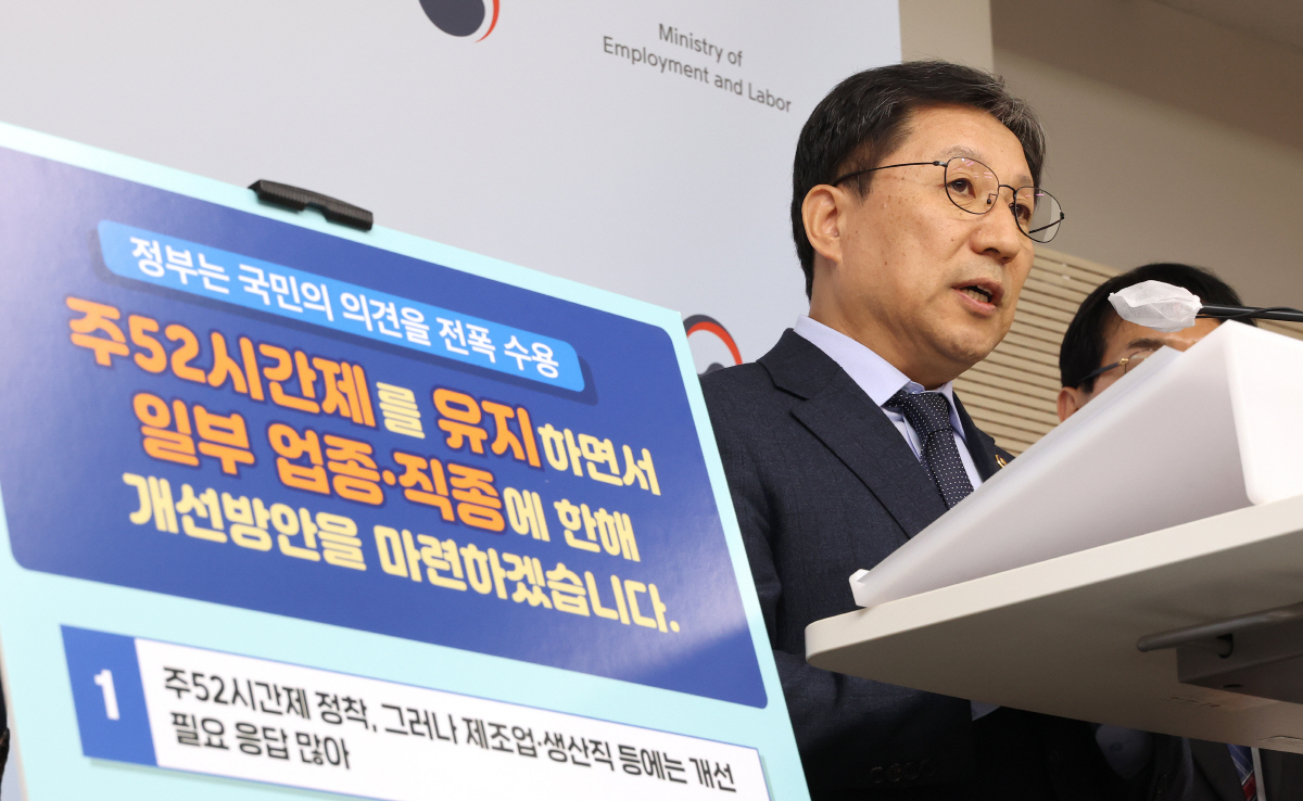 ▲이성희 고용부 차관이 13일 오후 세종시 정부세종청사에서 근로시간 관련 대국민 설문조사 결과 및 향후 정책 추진방향을 발표하고 있다. (연합뉴스)
