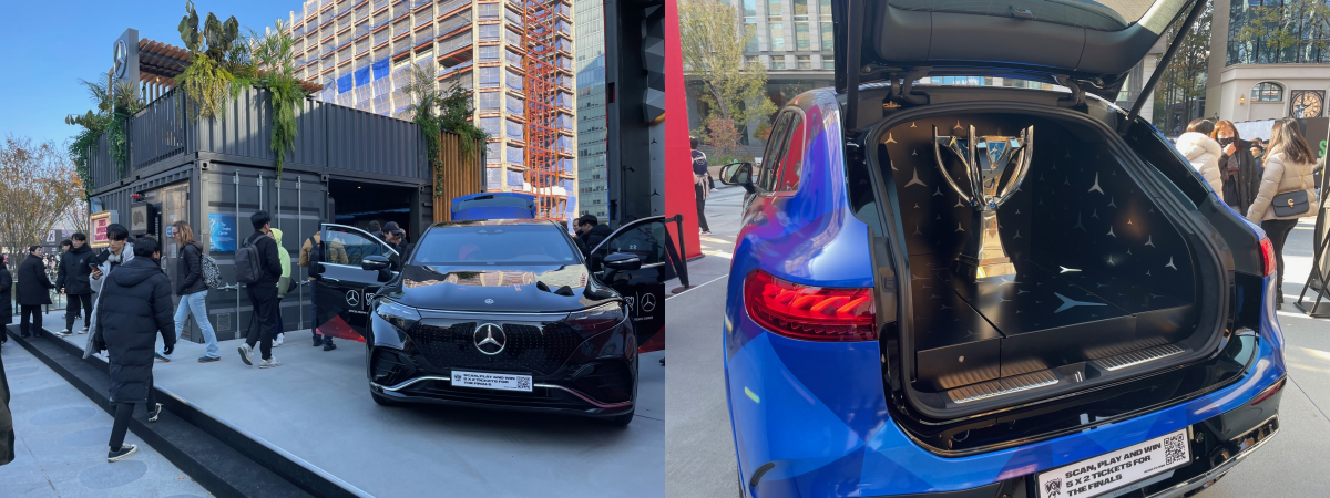 ▲메르세데스-벤츠 e-스포츠 하우스. 우승컵을 전달한 트로피 캐리어 'EQS SUV'에 우승컵 '소환사의 컵'이 전시돼있다. (이민재 기자 2mj@)