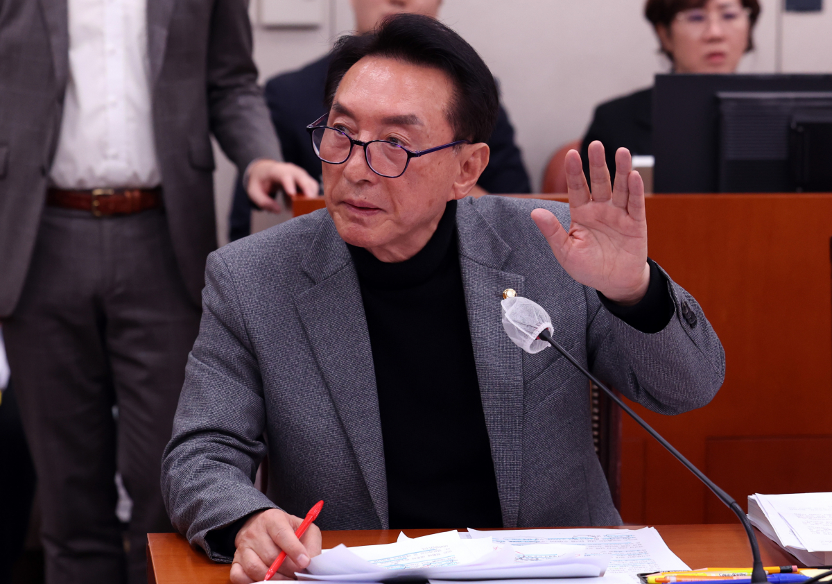 ▲[서울=뉴시스] 이영환 기자 = 국민의힘 간사인 김석기 의원이 23일 오전 서울 여의도 국회에서 열린 외교통일위원회 전체회의에서 의사진행 발언을 요청하고 있다. 2023.11.23. 20hwan@newsis.com