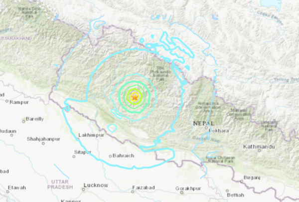▲네팔 지진 발생 위치. 출처 미국 지질조사국(USGS)