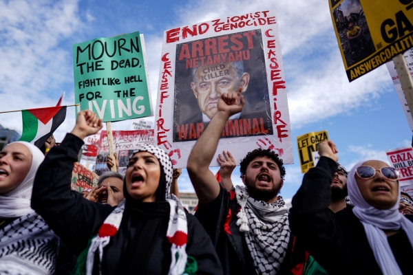 ▲미국에서 4일(현지시간) 팔레스타인 지지자들이 시위하고 있다. 워싱턴D.C./EPA연합뉴스
