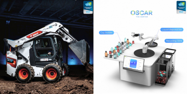 ▲(왼쪽부터) CES 2024 혁신상을 수상한 스키드 로더 S7X 모델과 재활용품 분류 솔루션 오스카 더 소터. (사진제공=두산)