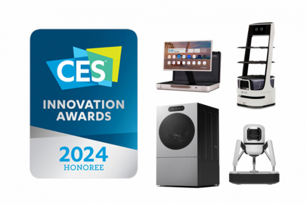 ▲CES 2024 혁신상을 수상한 LG 스탠바이미 Go, LG 클로이 서브봇, 신개념 커피머신 듀오보, LG 시그니처 세탁건조기. (사진제공=LG전자)