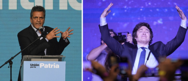 ▲아르헨티자 대선에서 좌파 집권당의 경제 장관인 세르히오 마사(왼쪽ㆍ51) 후보와 극우 '아웃사이더' 하비에르 밀레이(오른쪽ㆍ53) 의원이 19일 현지시간 박빙의 대선투표를 앞두고 있다.  (AP/뉴시스)