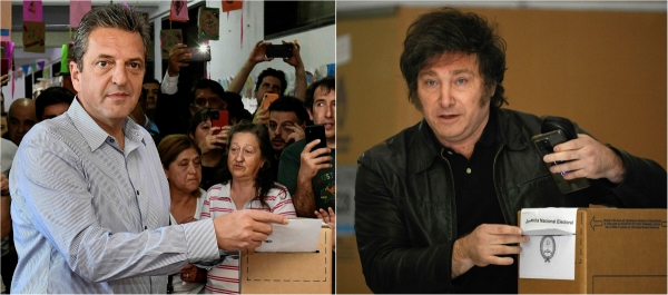 ▲세르히오 마사(왼쪽) 후보와 하비에르 밀레이 후보가 19일(현지시간) 투표함에 투표용지를 넣고 있다. 부에노스아이레스/AFP연합뉴스
