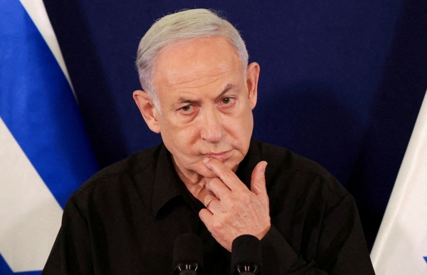 ▲베냐민 네타냐후 이스라엘 총리가 지난달 28일 기자회견을 하고 있다. 텔아비브/로이터연합뉴스
