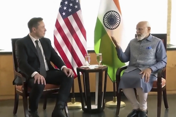 ▲일론 머스크(왼쪽) 테슬라 최고경영자(CEO)와 나렌드라 모디 인도 총리가 6월 20일 회담하고 있다. 뉴욕(미국)/AP뉴시스
