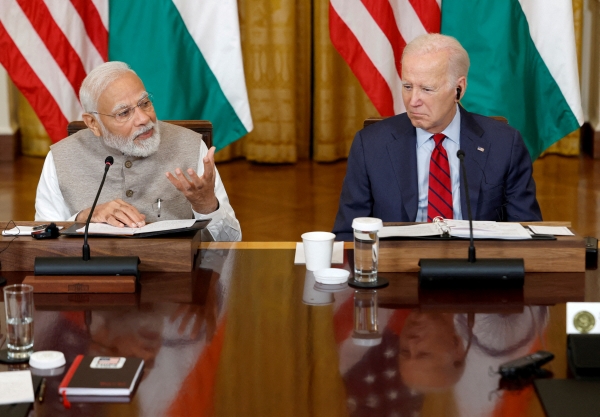 ▲조 바이든(오른쪽) 미국 대통령과 나렌드라 모디 인도 총리가 6월 23일 미국 백악관에서 회동하고 있다. 워싱턴D.C./로이터연합뉴스
