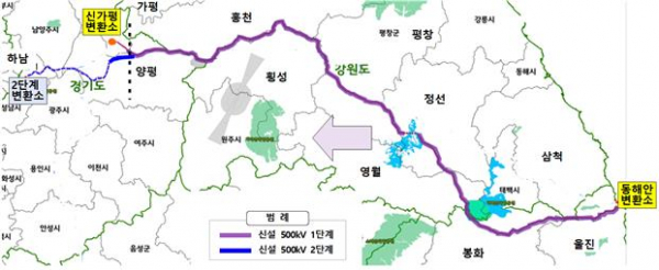 ▲동해안-수도권 송전선로 구간도. (사진제공=산업통상자원부)
