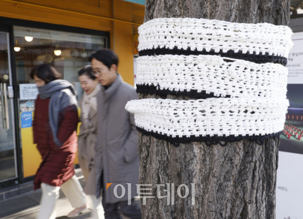▲전국 아침 기온이 영하권을 떨어진 28일 서울 종로구 경복궁역 일대 가로수에 서촌 얀 바밍(Seochon Yarn bombing) 니팅 아트가 설치되어 있다. Yarn bombing은 길거리 예술의 한 종류로 가로수에 니팅 아트를 입히는 아트다. 경복궁역 3번출구에서 자하문 터널 방향으로 설치되어 있는 서촌 얀 바밍(Seochon Yarn bombing)은 12월 말까지 진행된다.  (조현호 기자 hyunho@)