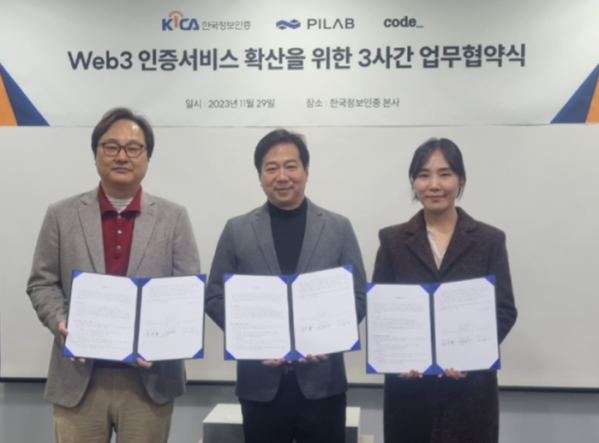 ▲29일 한국정보인증과 파이랩테크놀로지, 코드가 웹3 인증 서비스 확산을 위한 업무협약을 체결했다고 밝혔다. (사진제공=코드)