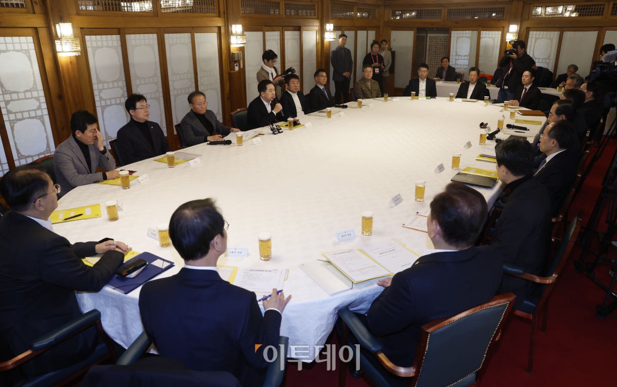 ▲김기현 국민의힘 대표가 3일 서울 종로구 국무총리 서울공관에서 열린 고위당정협의회에서 모두발언을 하고 있다. 조현호 기자 hyunho@