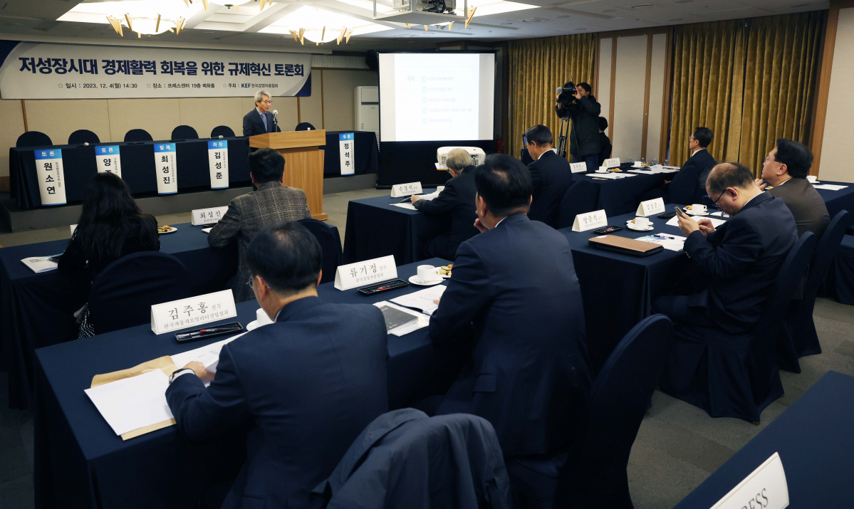 ▲강영철 KDI 국제정책대학원 교수가 4일 서울 중구 프레스센터에서 열린 ‘저성장시대 경제활력 회복을 위한 규제혁신 토론회’에서 발표하고 있다. 신태현 기자 holjjak@