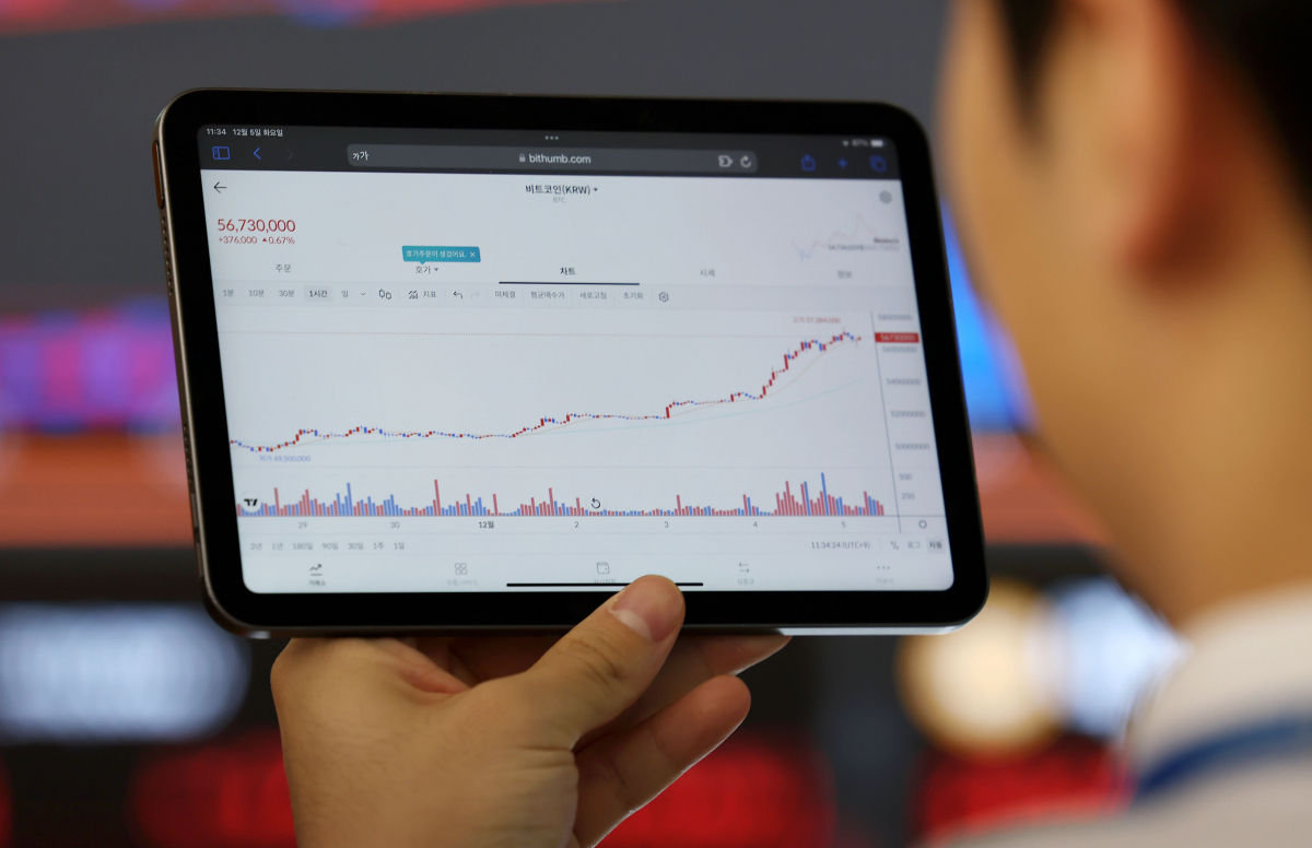 ▲비트코인 가격이 상승하고 있는 5일 서울 서초구 빗썸 고객지원센터에 비트코인 시세가 표시되고 있다.  (뉴시스)