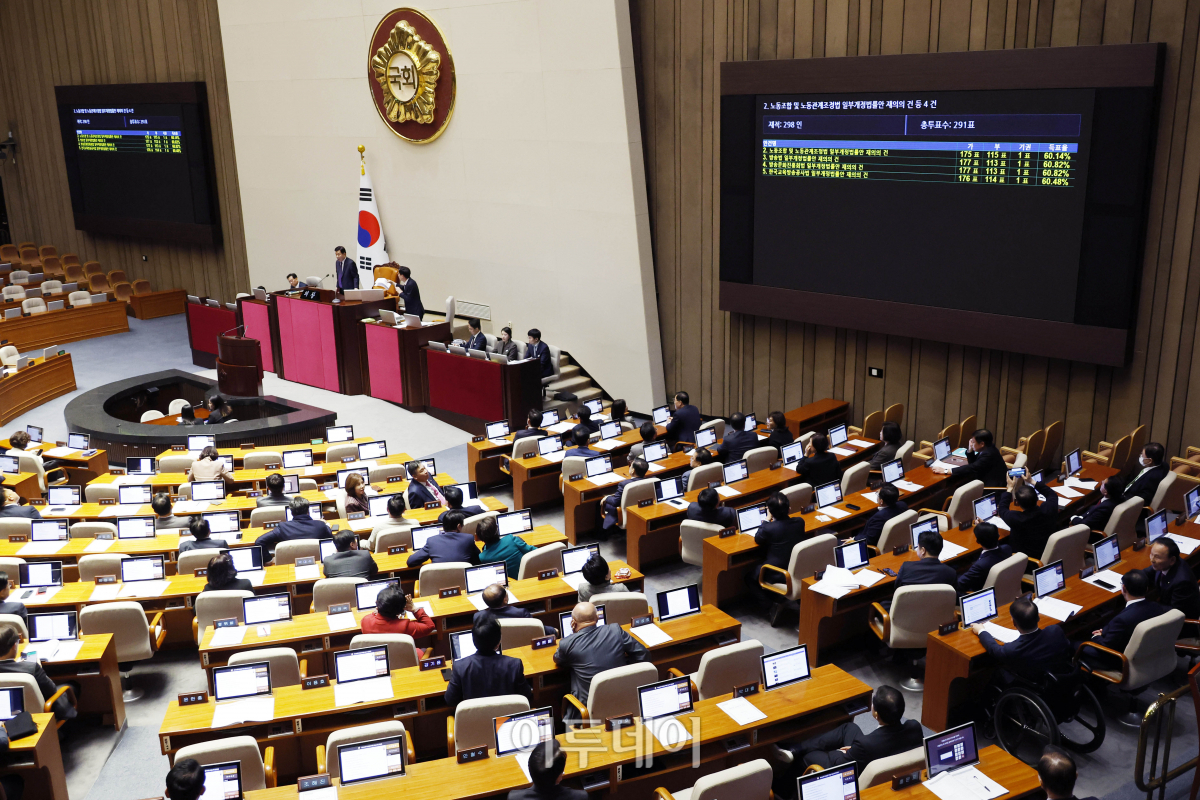 ▲8일 서울 여의도 국회 본회의장에서 열린 제410회국회(정기회) 제14차 본회의에서 재표결로 상정된 노조법 2·3조 개정안(노란봉투법)과 방송법·방송문화진흥회법·한국교육방송공사법 개정안(방송3법)이 부결되고 있다. 조현호 기자 hyunho@