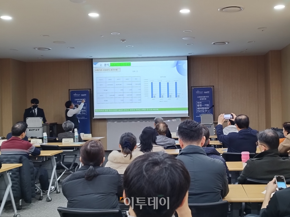 ▲정요한 한국스마트의료기기산업진흥재단 연구사업팀 팀장이  ‘제2회 병원-기업 페어링 데이’에서 발표하고 있다. (노상우 기자 nswreal@)