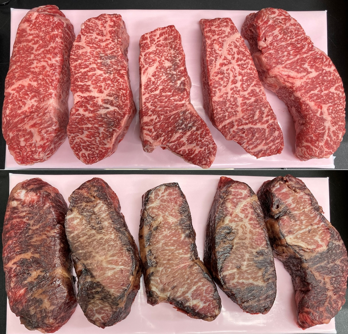 ▲숙성 전 소고기(위)와 라디오파로 48시간 동안 숙성한 소고기. (사진제공=농촌진흥청)