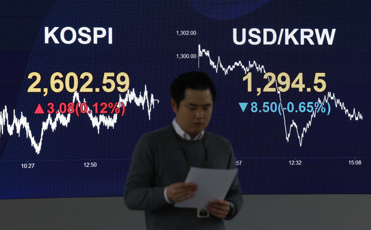 ▲코스피가 외국인과 기관의 매수세에 2600선에서 상승 마감한 26일 서울 여의도 KB국민은행 딜링룸 전광판에 코스피지수가 표시되고 있다. 이날 코스피는 전 거래일 대비 3.08p(0.12%) 오른 2602.59, 코스닥 지수는 6.28p(0.73%) 내린 848.34, 원·달러 환율은 8.5원(0.65%) 내린 1294.5원으로 장을 마감했다. 신태현 기자 holjjak@