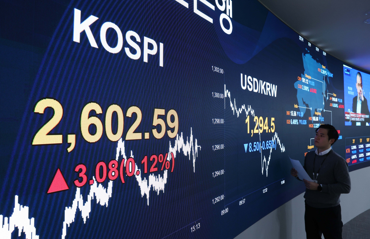 ▲코스피가 외국인과 기관의 매수세에 2600선에서 상승 마감한 26일 서울 여의도 KB국민은행 딜링룸 전광판에 코스피지수가 표시되고 있다. 이날 코스피는 전 거래일 대비 3.08p(0.12%) 오른 2602.59, 코스닥 지수는 6.28p(0.73%) 내린 848.34, 원·달러 환율은 8.5원(0.65%) 내린 1294.5원으로 장을 마감했다. 신태현 기자 holjjak@