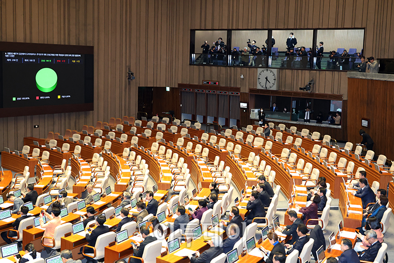 ▲28일 서울 여의도 국회에서 열린 본회의에서 대통령 배우자 김건희의 도이치모터스 주가조작 의혹 진상규명을 위한 특별검사 임명 등에 관한 법률안의 수정안이 가결되고 있다. 고이란 기자 photoeran@