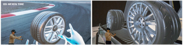 ▲넥센타이어 직원이 VR 장비를 활용해 타이어 디자인 품평을 진행하고 있다.  (사진제공=넥센타이어)