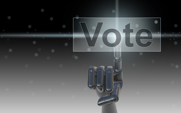 ▲투표(VOTE) 버튼과 로봇 손이 보인다. 게티이미지뱅크
