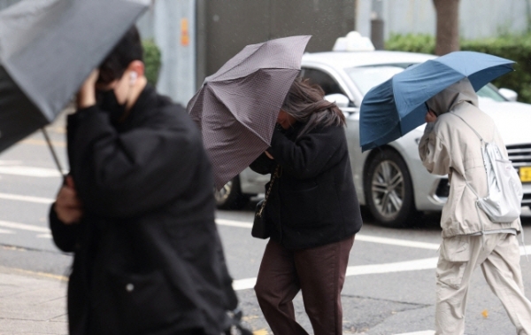 ▲11일 오전 서울 종로구 한 거리에서 우산을 쓴 시민들이 강한 바람이 불어오자 고개를 숙인 채 걸어가고 있다. 뉴시스
