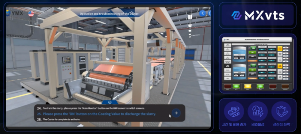▲디지털 트윈 기술을 적용해 가상공간에 현장 설비를 똑같이 구현한 제조 공정 교육 시뮬레이터 ‘MXvts(virtual training simulator)'.  (사진제공=와이엠엑스)