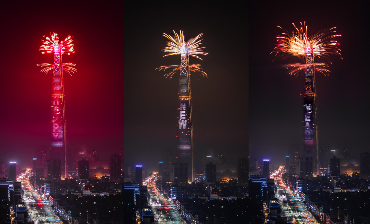 ▲[사진7] 롯데월드타워 신년 카운트다운에 'HAPPY NEW YEAR' 문구가 연출됐다. (사진제공=롯데물산)
