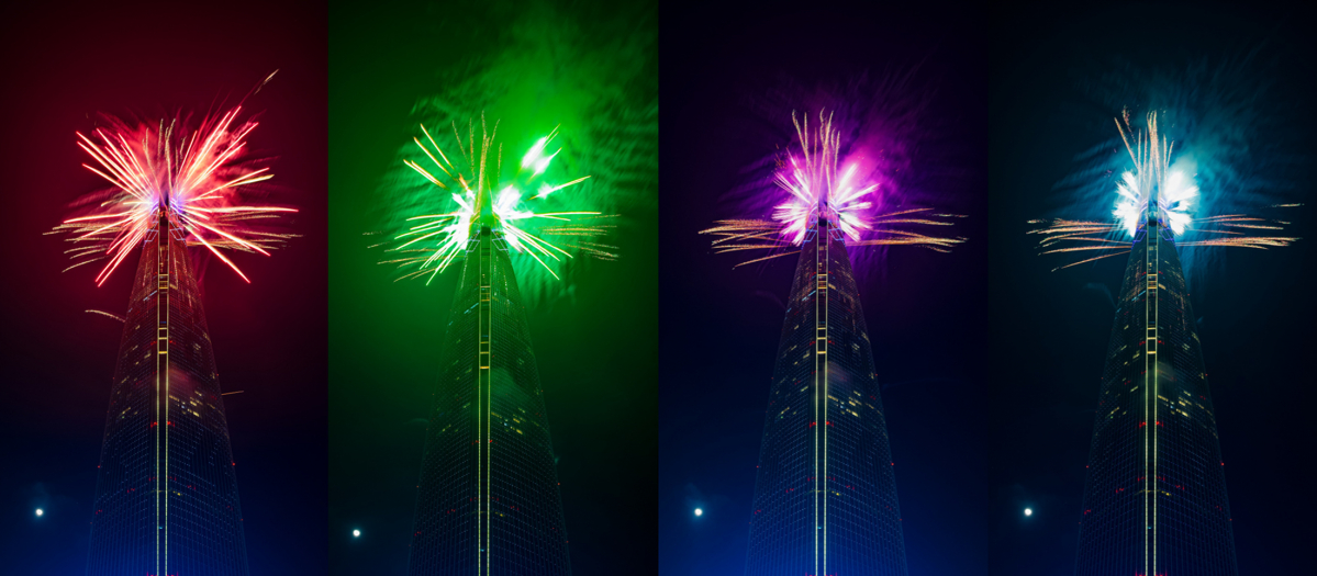 ▲롯데월드타워가 1일 희망과 열정을 나타내는 ‘레드’, 휴식과 평안을 상징하는 ‘그린’, 풍요와 기적을 상징하는 ‘퍼플’, 2024년 청룡의 해를 상징하는 ‘블루’의 4가지 색상의 불꽃을 발사했다.