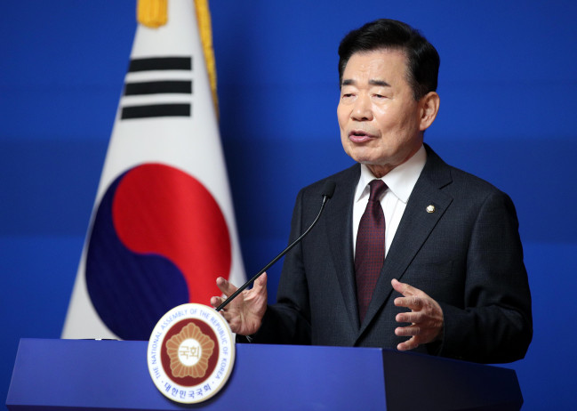 ▲김진표 국회의장이 4일 국회 사랑재에서 신년 기자간담회를 하고 있다.  (연합뉴스)