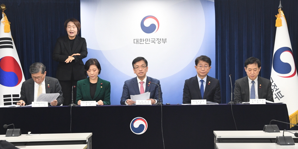 ▲최상목 부총리 겸 기획재정부 장관(가운데)이 4일 정부서울청사에서 열린 '2024년 경제정책방향 관련 관계부처 합동브리핑'에서 발표문을 낭독하고 있다. 사진 왼쪽부터 전병극 문화체육관광부 1차관, 오영주 중소벤처기업부 장관, 최상목 부총리, 박상우 국토교통부 장관, 김주현 금융위원장. (사진제공=기획재정부)