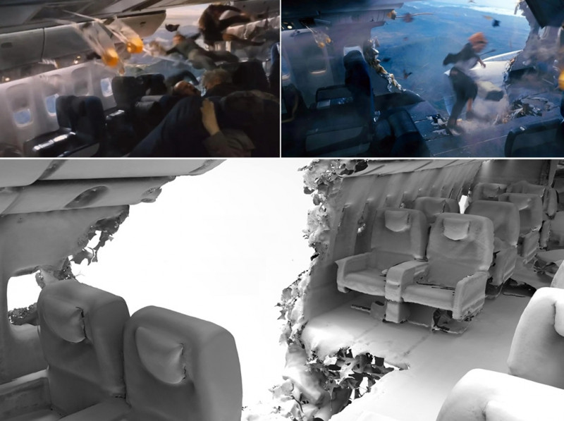 ▲순항고도에서 여객기 동체에 구멍이 뚫리면 엄청난 충격파와 뿌연 연무현상이 발생하는 것으로 전해졌다. 사진은 CG로 제작된 영화 속 한 장면.   (출처 파라마운트픽처스 동영상 캡처)