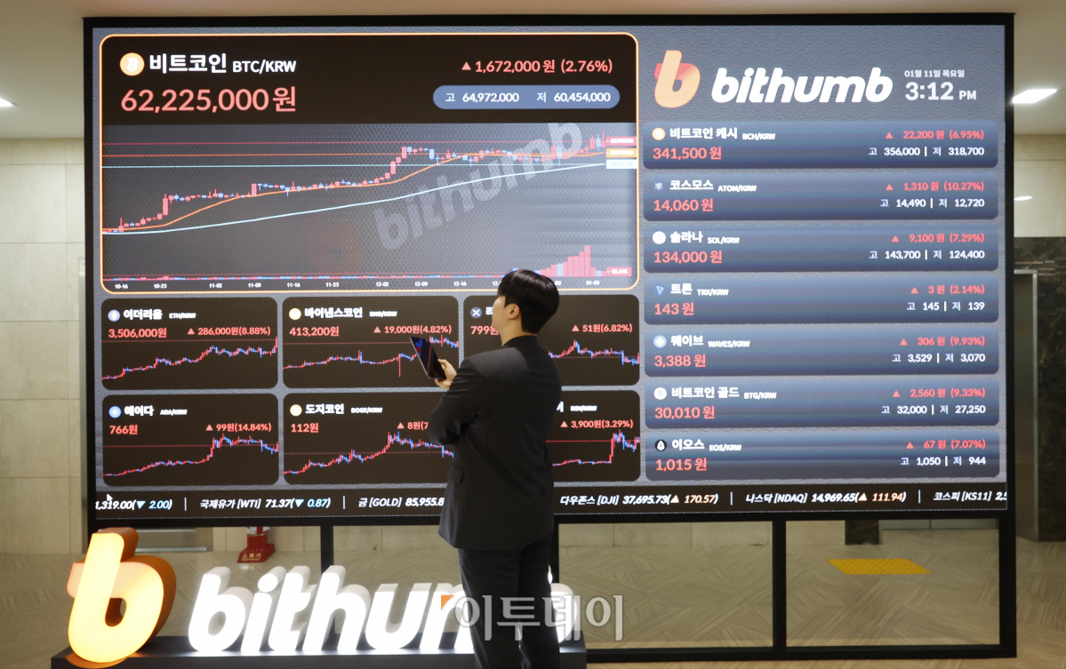 ▲미국 증권거래위원회(SEC)가 비트코인 현물 상장지수펀드(ETF)의 상장을 승인한 11일 서울 서초구 빗썸 고객센터에 비트코인을 비롯한 가상화폐 시세 현황이 표시되고 있다. 조현호 기자 hyunho@