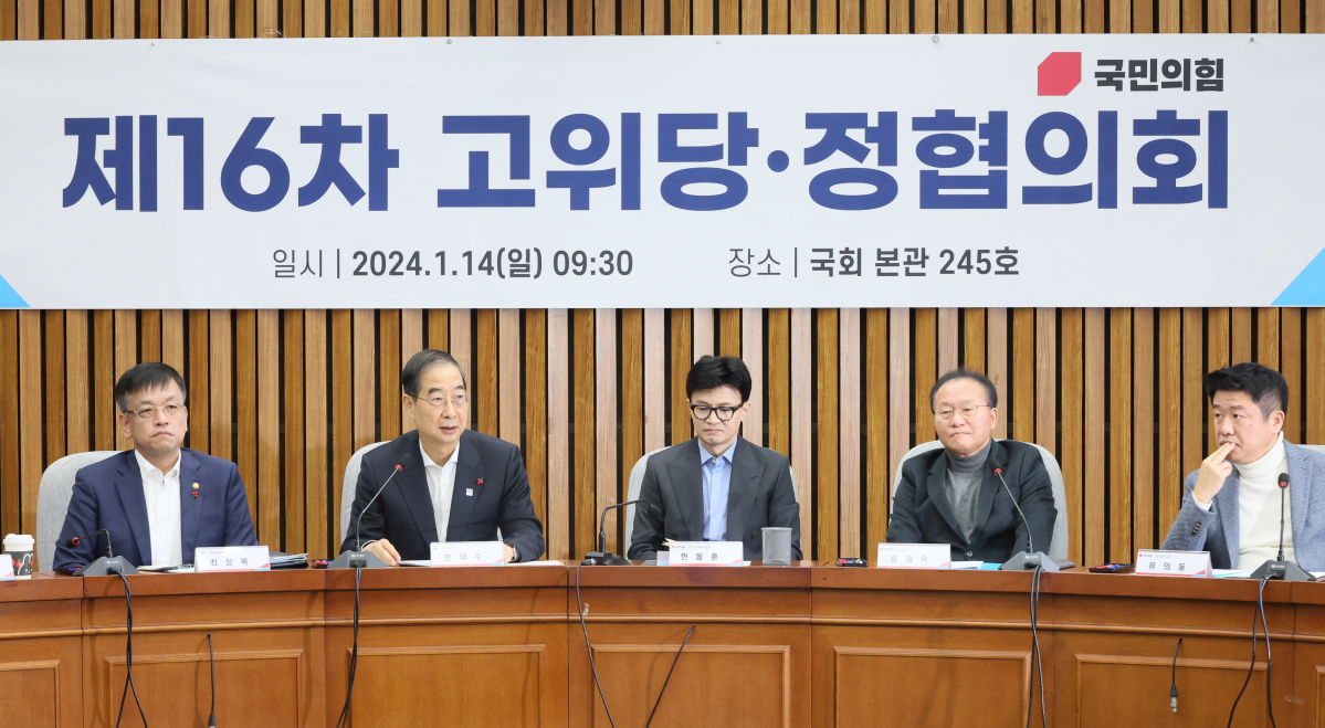 ▲국민의힘 한덕수 국무총리가 14일 오전 국회에서 열린 제16차 고위 당·정 협의회에서 인사말을 하고 있다. (연합뉴스)